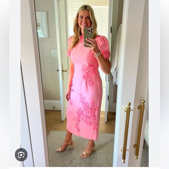 NWT Antonio MelaniWillow Floral Applique Mock Neck Short Sleeve Midi Dress - Picture 2 of 6